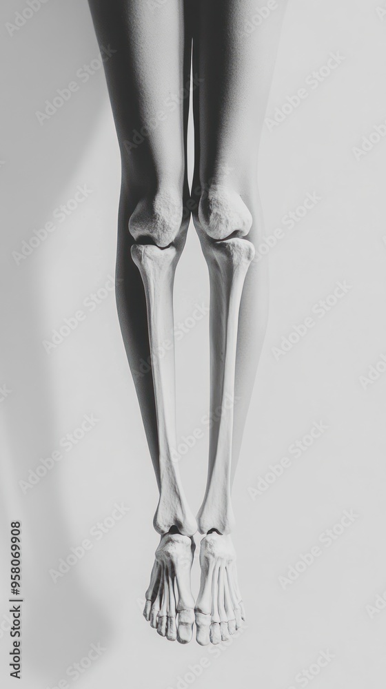 A black and white image of a human skeleton's legs from the knees down, with the feet pointing downwards. The bones are visible, and the image is taken from a low angle, making the legs appear long. A black and white image of a human skeleton's legs from the knees down, with the feet pointing downwards. The bones are visible, and the image is taken from a low angle, making the legs appear long.