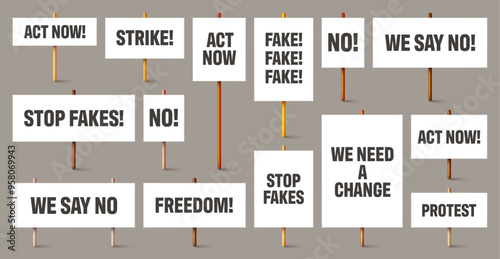 Blank white protest signs with text slogans on wooden holder. Various realistic vector demonstration banners. Strike action cardboard placard mockup. Social advertisement. Vector illustration