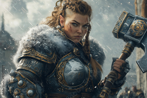 battle-scarred dwarf woman in ornate armor wielding a massive warhammer during a fierce snowstorm photo