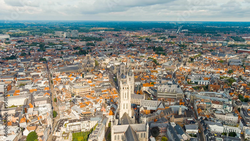 Ghent, Belgium. Cathedral of Saint Bavo. Panorama of the central city from the air. Cloudy weather, summer day, Aerial View photo