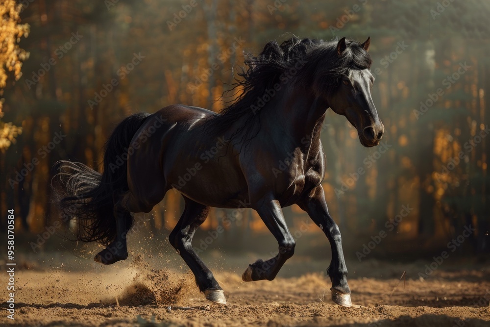 Powerful black stallion with long mane running in freedom through an autumn forest Powerful black stallion with long mane running in freedom through an autumn forest