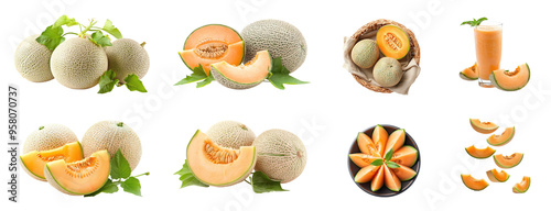 Set of Cantaloupe melon isolate on transparent background photo