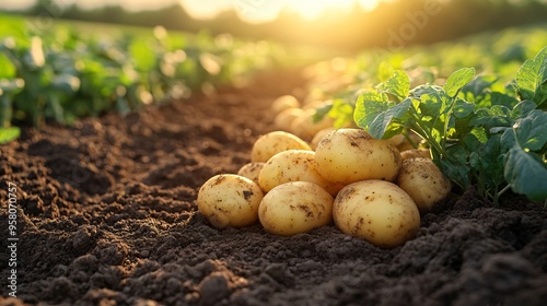 Freshly harvested potatoes drying in the warm setting sun on a farm