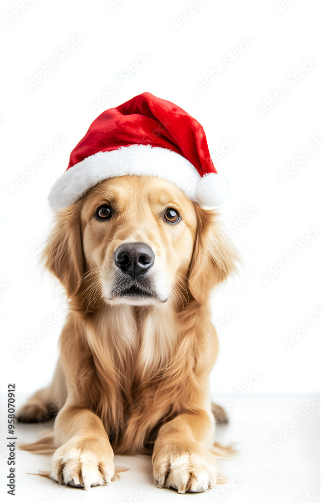 christmas golden retriever or labrador dog wearing santa hat; sitting xmas doggy; whole body; isolated on white background christmas golden retriever or labrador dog wearing santa hat; sitting xmas doggy; whole body; isolated on white background