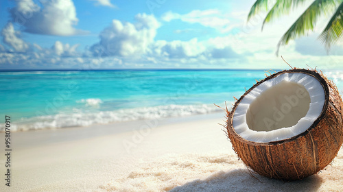 Wallpaper Mural Split coconut on white sand against the backdrop of an azure lagoon, a poster for advertising a seaside vacation and cosmetics products made from coconuts Torontodigital.ca