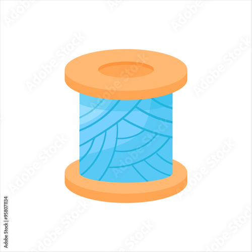 A skein of thread for sewing in a cartoon style on a white isolated background. Hand-drawn blue threads for sewing clothes. Handicraft symbol