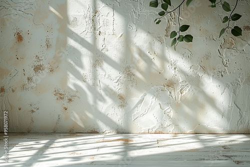 A realistic and minimalist blurred natural light window casts a shadow overlay on a textured wall, creating a minimal abstract white background for product presentation  photo