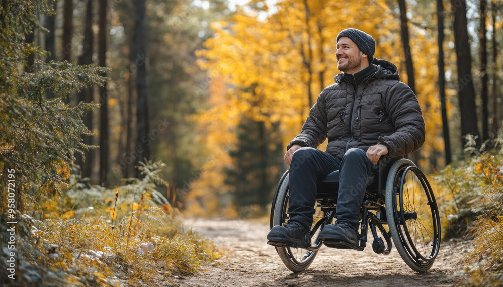 Man is using a wheelchair on a path in an autumnal forest Man is using a wheelchair on a path in an autumnal forest