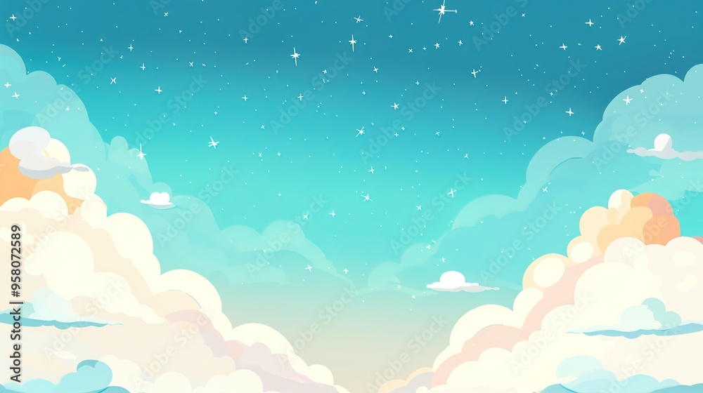 Kawaii Fantasy Pastel Colorful Sky with Clouds and Stars Background in a paper cut Kawaii Fantasy Pastel Colorful Sky with Clouds and Stars Background in a paper cut