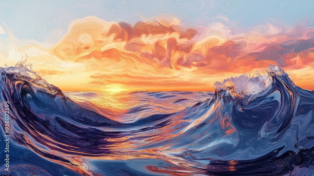 Abstract swirling patterns in sunset hues over an abstracted ocean scene, capturing the end of a day Abstract swirling patterns in sunset hues over an abstracted ocean scene, capturing the end of a day