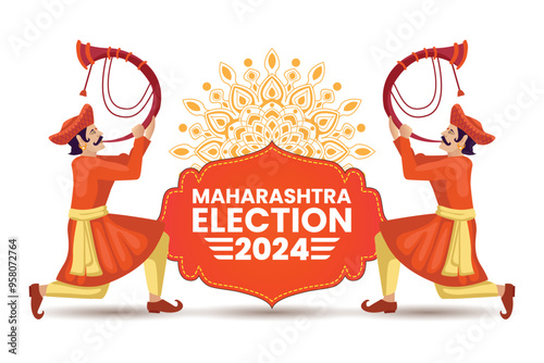 Maharashtra Election 2024 Illustration with Traditional Tutari Musicians and Election Banner