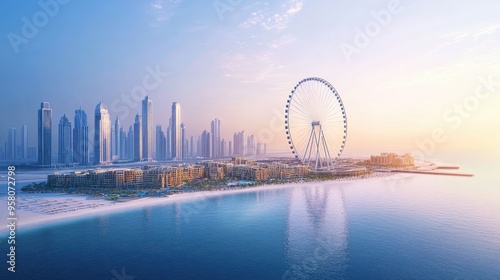 Aerial perspective of Dubai's Bluewaters Island, with the Ain Dubai observation wheel dominating the skyline. No people. photo