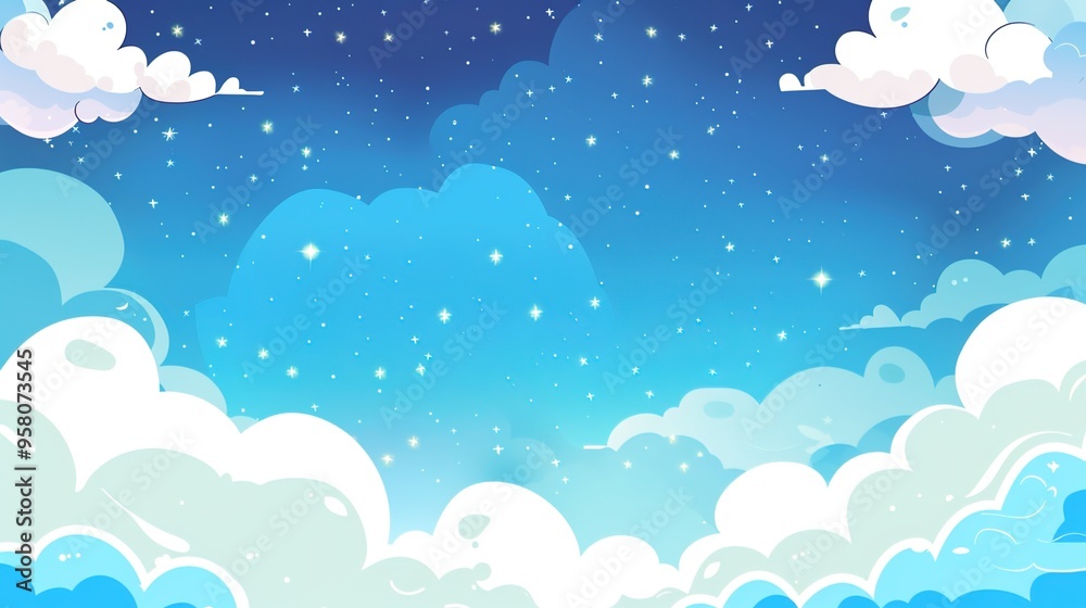 Kawaii Fantasy Pastel Colorful Sky with Clouds and Stars Background in a paper cut Kawaii Fantasy Pastel Colorful Sky with Clouds and Stars Background in a paper cut