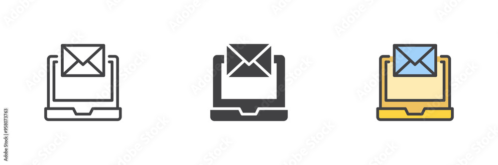 Laptop with mail different style icon set Laptop with mail different style icon set
