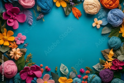 Knit Blue Background with Wool Yarn Balls and Knit Floral Element