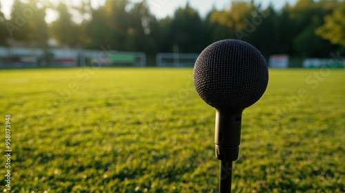 The long gun microphone on the soccer field, microphone for live events, Recording devices is placed around the football field to provide full sound photo