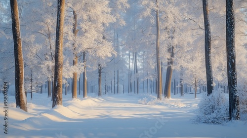 Snowy forest path winding through icy landscape under a clear blue sky