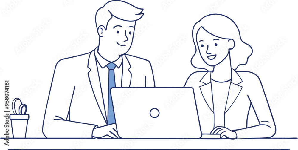 Happy professional executive team people managing project at work. Busy business man manager leader showing financial results to female partner using laptop computer at corporate office Happy professional executive team people managing project at work. Busy business man manager leader showing financial results to female partner using laptop computer at corporate office