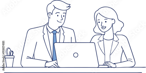 Happy professional executive team people managing project at work. Busy business man manager leader showing financial results to female partner using laptop computer at corporate office