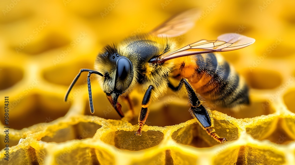 Close-up of honeybee on honeycomb - nature's intricate design and vital ecosystem role Close-up of honeybee on honeycomb - nature's intricate design and vital ecosystem role
