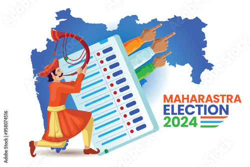 Maharashtra Election 2024 Illustration with Voting and Traditional tutari man