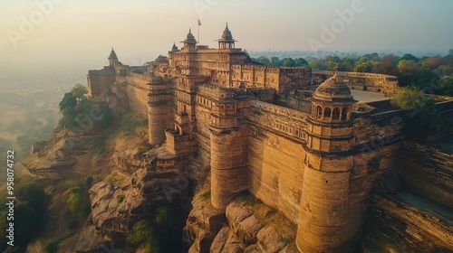 Aerial shot of the historic Gwalior Fort in Madhya Pradesh, standing tall on a rocky hilltop. No people. photo