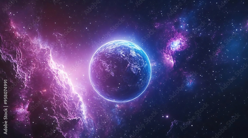 Obraz premium A stunning cosmic scene featuring a vibrant Earth surrounded by colorful galaxies and nebulas in the depths of space.