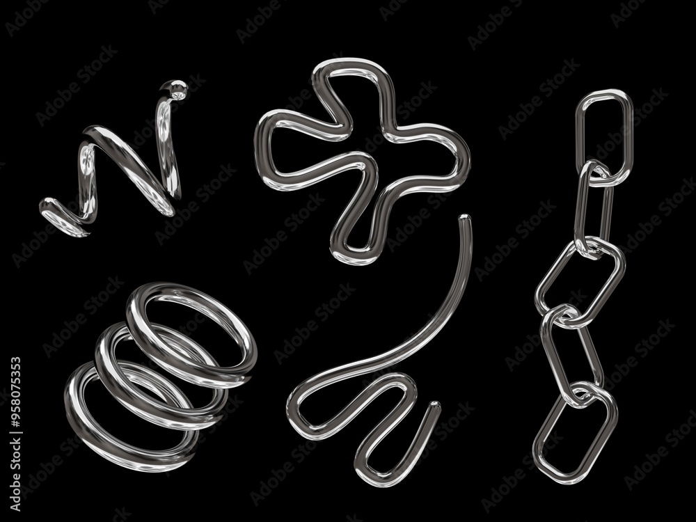 3D rendering of a set of geometric objects, icons, chrome elements isolated on a black background. Abstract, silver metallic shapes for graphic design and mockups. Holographic material. 3D rendering of a set of geometric objects, icons, chrome elements isolated on a black background. Abstract, silver metallic shapes for graphic design and mockups. Holographic material.