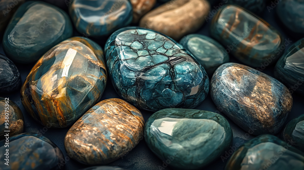 A collection of forest green gemstones, tumbled minerals with intricate patterns and veins of darker blue and brown. A collection of forest green gemstones, tumbled minerals with intricate patterns and veins of darker blue and brown.