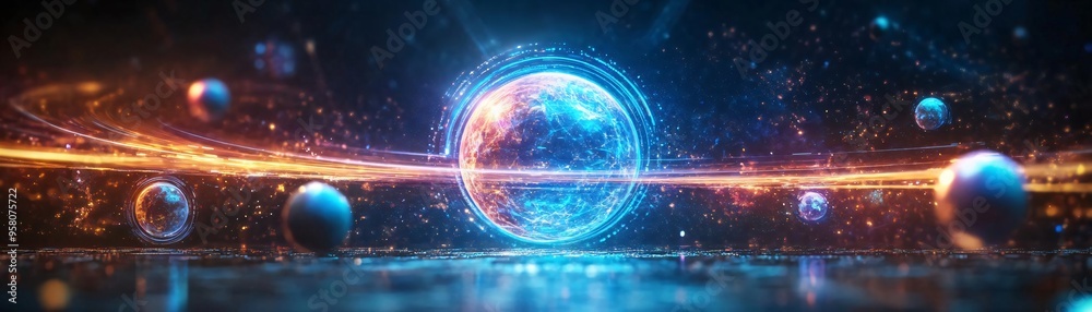 Obraz premium A stunning visual of planets and cosmic elements orbiting in a vibrant universe, showcasing deep space and stellar beauty.