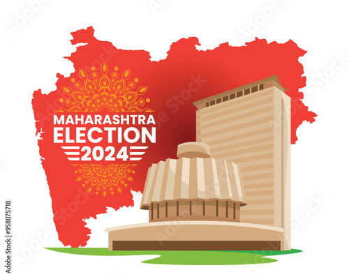 Maharashtra Election 2024 Banner with State Assembly Building and Map Outline Illustration