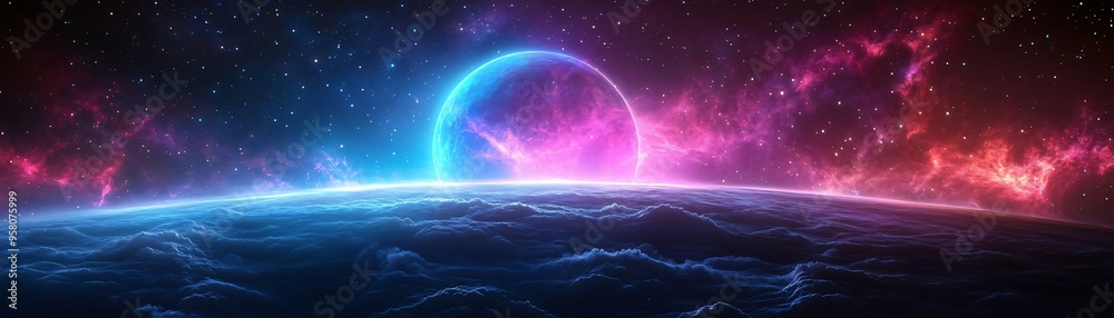 A vivid cosmic landscape showcasing a colorful planet and vibrant nebulae, perfect for sci-fi or space-themed projects.