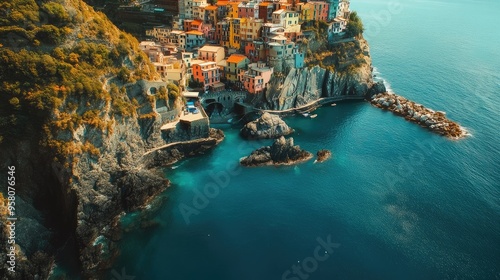 Aerial view of the dramatic cliffs and azure waters of Cinque Terre, with colorful villages along the coastline