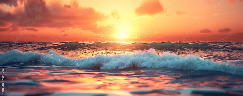 Fototapeta premium Sunset over a calm sea with gentle waves, 4K hyperrealistic photo