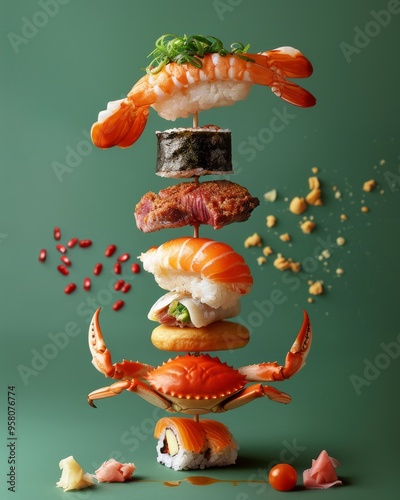 a creative composition of various types of food: crab claw, sushi, steak, italian bread, mexican taco, donut. The food elements are stacked assymetrically and balancing. Food design photo