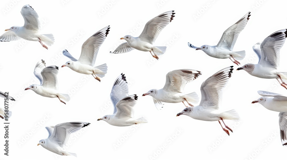 Fototapeta premium Flock of Seagulls Flying in the White Sky Isolated on Nature Background