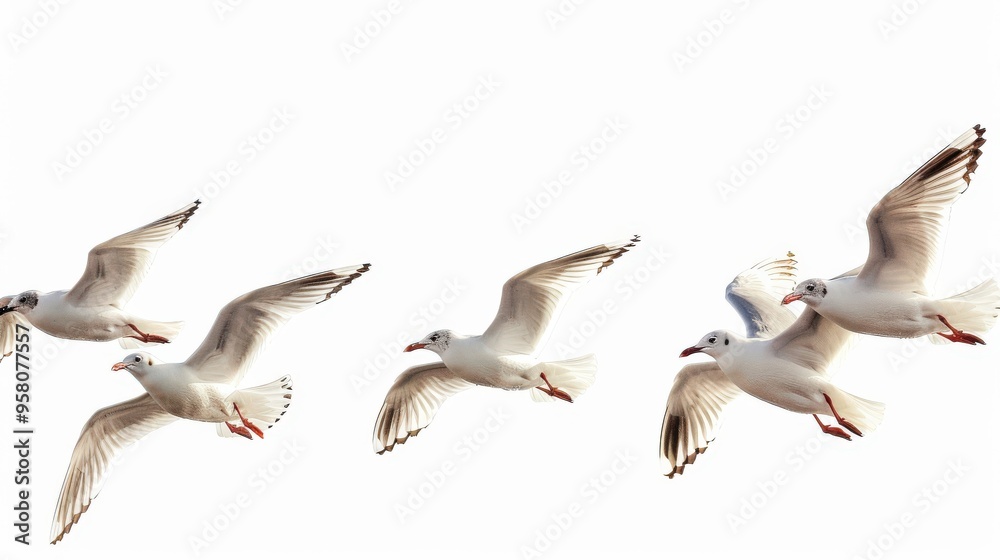 Obraz premium Flock of Seagulls. Flying Birds in the Sky Isolated on White Background
