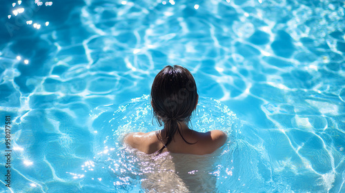 A serene moment in a crystal-clear swimming pool during a sunny day, showcasing relaxation and tranquility