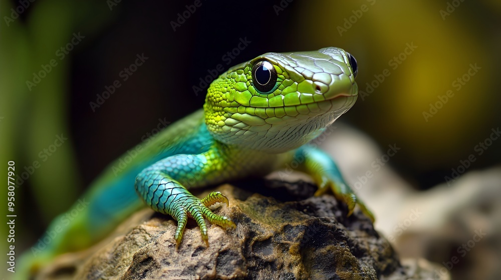 Vibrant green lizard on rock in natural habitat: close up of reptilian beauty Vibrant green lizard on rock in natural habitat: close up of reptilian beauty