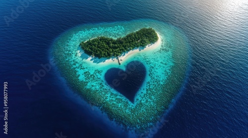 Bird's eye view of a Maldivian island with a heart-shaped reef surrounding it, contrasting with deep blue waters.