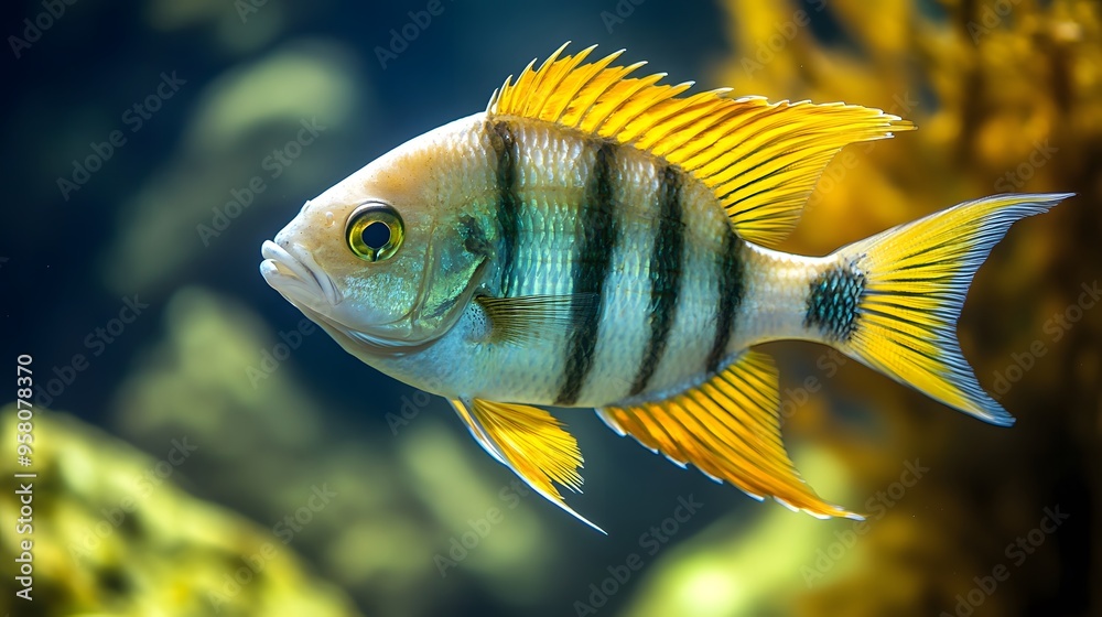 Colorful tropical fish with bright yellow fins and striped pattern in aquatic environment Colorful tropical fish with bright yellow fins and striped pattern in aquatic environment