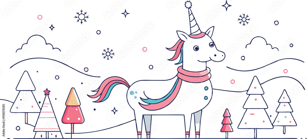 Fototapeta premium festive unicorn in a snowy landscape, with snowflakes gently falling around. The unicorn is wearing a cozy scarf, and there’s a snowman and pine trees decorated with lights. , line art