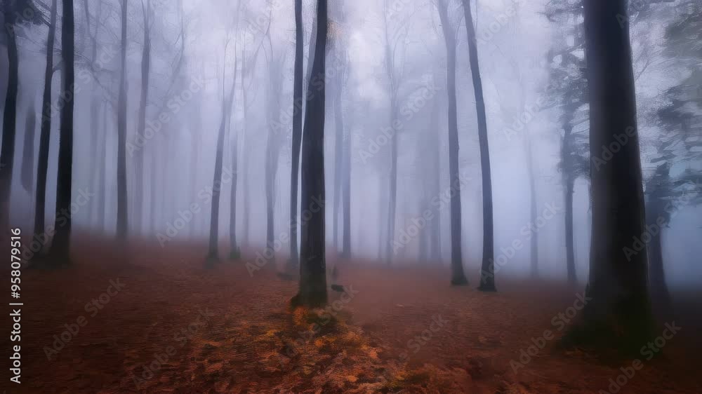Trees in a foggy forest with leaves on the ground Trees in a foggy forest with leaves on the ground