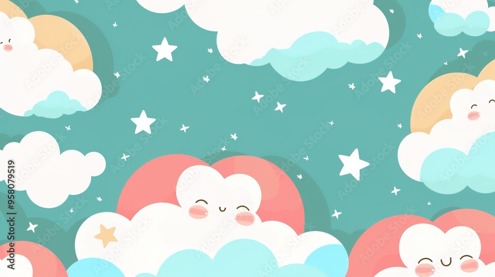 Kawaii Fantasy Pastel Colorful Sky with Clouds and Stars Background in a paper cut Kawaii Fantasy Pastel Colorful Sky with Clouds and Stars Background in a paper cut