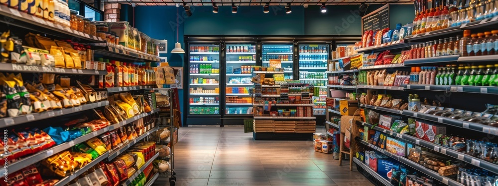 Well-organized and vibrant grocery store aisle with a variety of products Well-organized and vibrant grocery store aisle with a variety of products