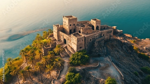 Bird's eye view of Ras Al Khaimah's Dhayah Fort, perched on a hilltop overlooking palm groves and the sea. No people. photo