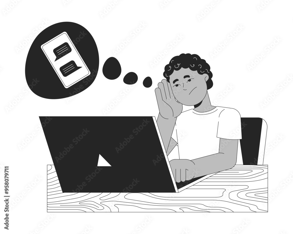 Sad african american boy doing homework black and white 2D line character. Little student dreaming about texting at laptop solated vector outline person. Monochromatic spot illustration Sad african american boy doing homework black and white 2D line character. Little student dreaming about texting at laptop solated vector outline person. Monochromatic spot illustration
