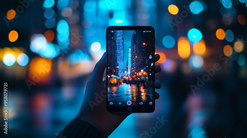 A person holding a smartphone capturing a vibrant cityscape at night with colorful lights reflecting on wet pavement