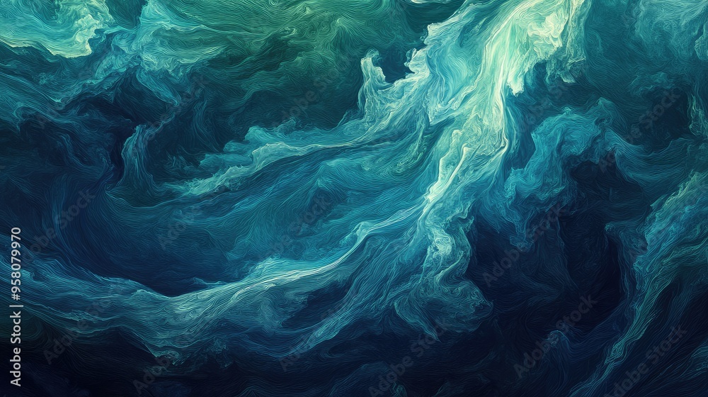 Dynamic abstract waves in deep ocean blues and greens, representing the fluidity of sea currents and marine energy Dynamic abstract waves in deep ocean blues and greens, representing the fluidity of sea currents and marine energy