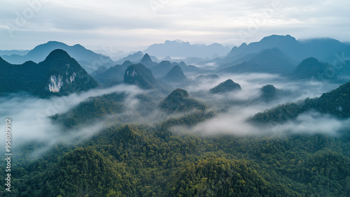 Serene Mountain Peaks Against a White Sky